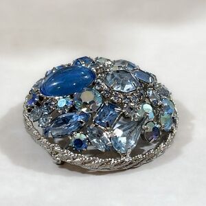 Vintage Domed Rhinestone Cluster Brooch In Shades Of Blue Silver Tone Rim